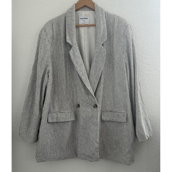 Old Navy‎ Blazer Womens 2XL Cream Linen Blend Striped Double Breasted Coastal - Picture 1 of 10